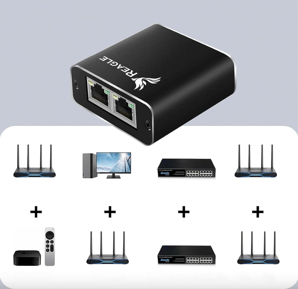 RJ45 LAN Splitter 1000Mbps Netzwerk Verteiler 1 auf 2 Switch Ethernet Adapter für Internet PC Smart TV Konsole Aluminium Gehäuse 5V Stromanschluss