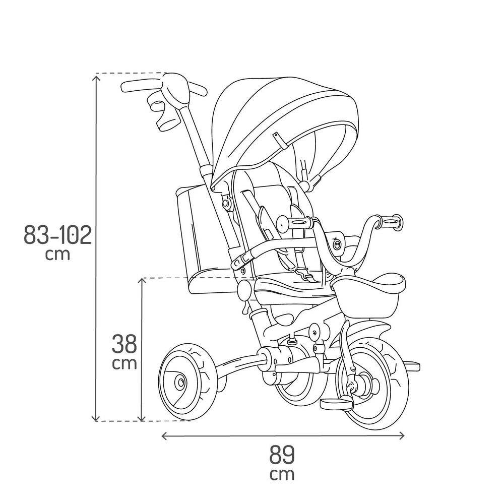 MoMi IVI Kinderdreirad 3-in-1 Beige – 360° drehbarer Sitz, 3-Punkt-Gurt, höhenverstellbare Schiebestange, Sonnendach, PolyurethanRäder, Frontkorb – ab 9 Monaten