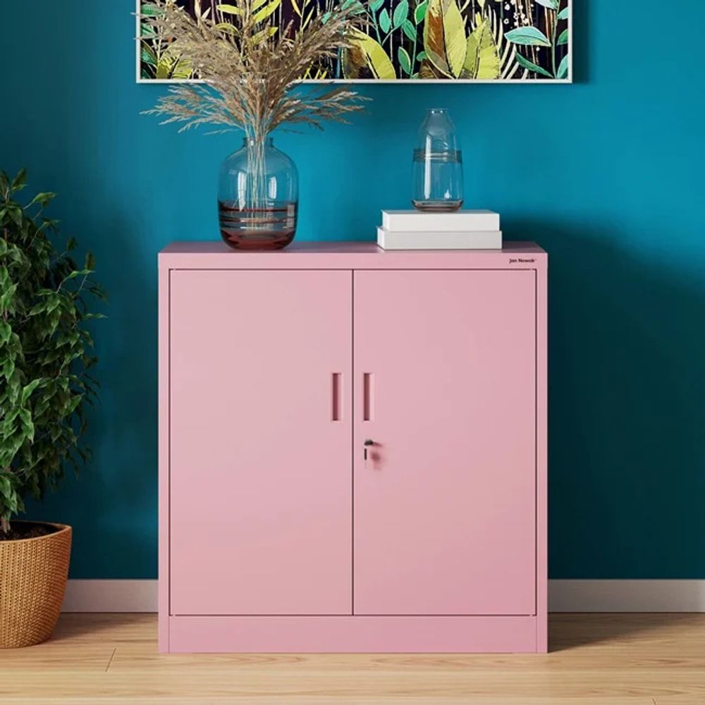 Kleiner Aktenschrank C001B Büroschrank mit Flügeltüren Metallschrank Lagerschrank Pulverbeschichtet Stahlblech Abschließbar 92,5 x 90 x 40 cm, Farbe: Rosa