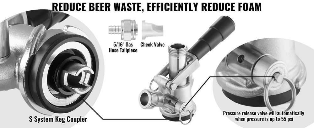 VEVOR Kegerator-Bierturm-Kit, Einzelzapfhahn-Bierumrüstsatz, Edelstahl-Fass-Bierturm-Zapfanlage mit Doppelmessgerät W21.8-Regler und S-System-Fasskupplung für Partys zu Hause