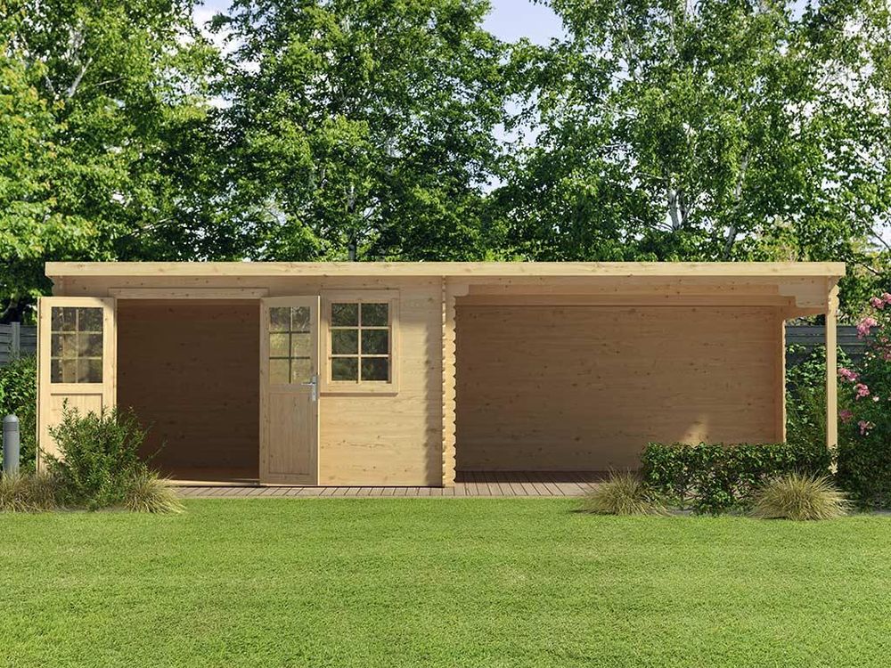 WOODTEX Naturbelassen Gartenhaus Blockbohlenhaus CA2988 28 mm, Gartenhaus mit Anbau 4 m, Blockbohlenhaus aus Fichte, Doppelflügeltür mit Echtglas, Fenster, Sturmleisten, Chalet Verbindung