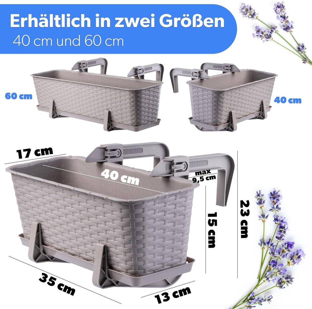 KADAX Balkontopf mit Untersatz "Frette", Balkonkasten mit Griffen, 40cm, Karamell