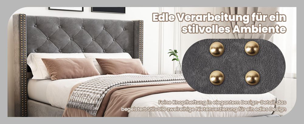 okwish Polsterbett 90×200 Einzelbett Jugendbett Kinderbett mit Lattenrost und Kopfteil, Knopfpolsterung,Nietenpolsterung aus Samt, Grau(ohne Matratze)