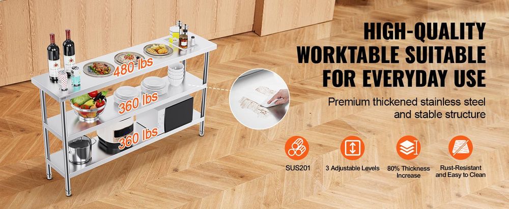VEVOR Edelstahl Vorbereitungs Tisch, 24 x 24 x 34 Zoll, Schwerlast Metall Arbeitstisch mit 3 verstellbaren Höhenstufen, Gewerbliche Arbeitsstation für Küche Garage Restaurant Garten, 356x1524x864 mm