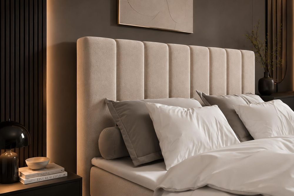 Kontinentalbett aus Samt, Polsterbett, Boxspringbett, dekorativem Kopfteil Doppelbett mit Bonell-Matratze, Topper und Bettkasten (gepolstertes Kopfteil, Boxspring) Boxspringbett Bett 01 –160x200 - Trinity 2 - Beige