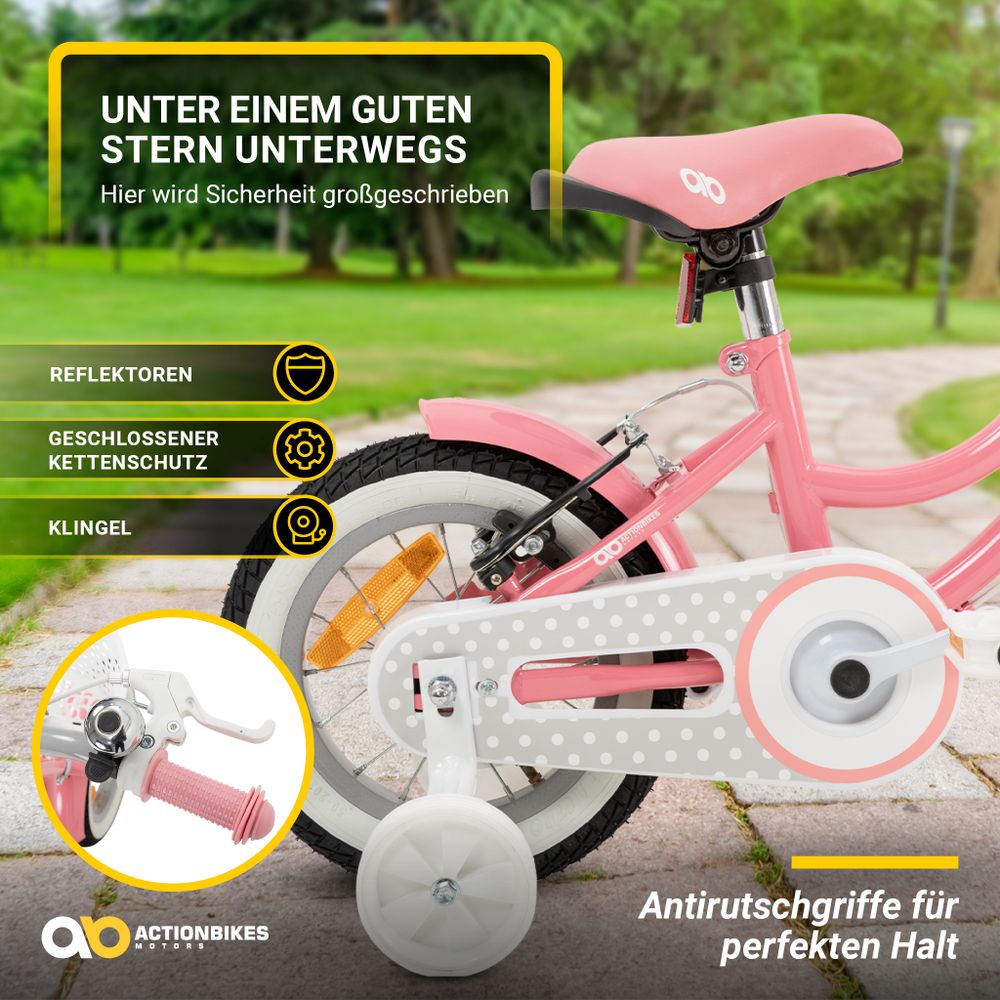Actionbikes Kinderfahrrad Starlight 12 Zoll | Kinder Fahrrad - V-Brake Bremsen - Kettenschutz - Fahrradständer - 2-5 Jahre (Rosa)