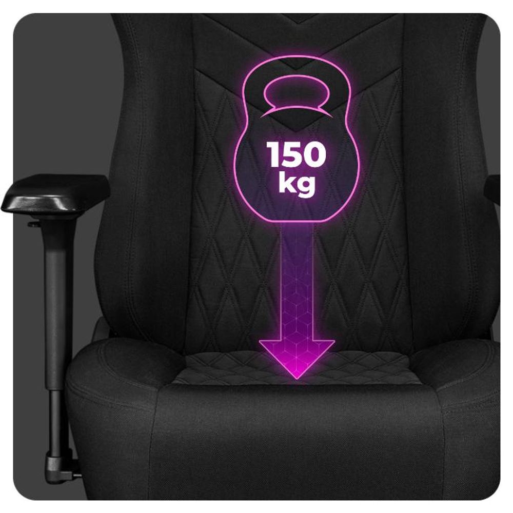 Detailní záběr sedáku židle s upozorněním na maximální nosnost 150 kg