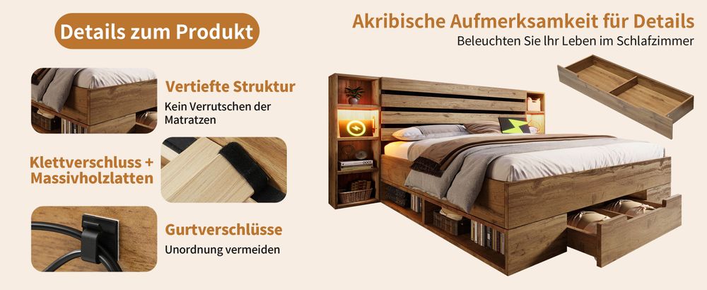okwish Doppelbett Massivholzbett 160×200, Stauraumbett Bettanlage mit LED-Beleuchtung und USB C Stauraum-Kopfteil und Schubladen, Bettgestell Lattenrost aus Holz, Eiche (Ohne Matratze)