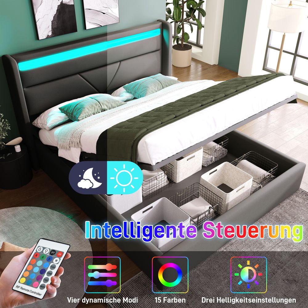 MODFU Boxspringbett 140x200cm Polstebett Doppelbett mit LED-Beleuchtung,Stauraumbett Bettgestell mit Bettkasten & Lattenrost,Grau (ohne Matratze)