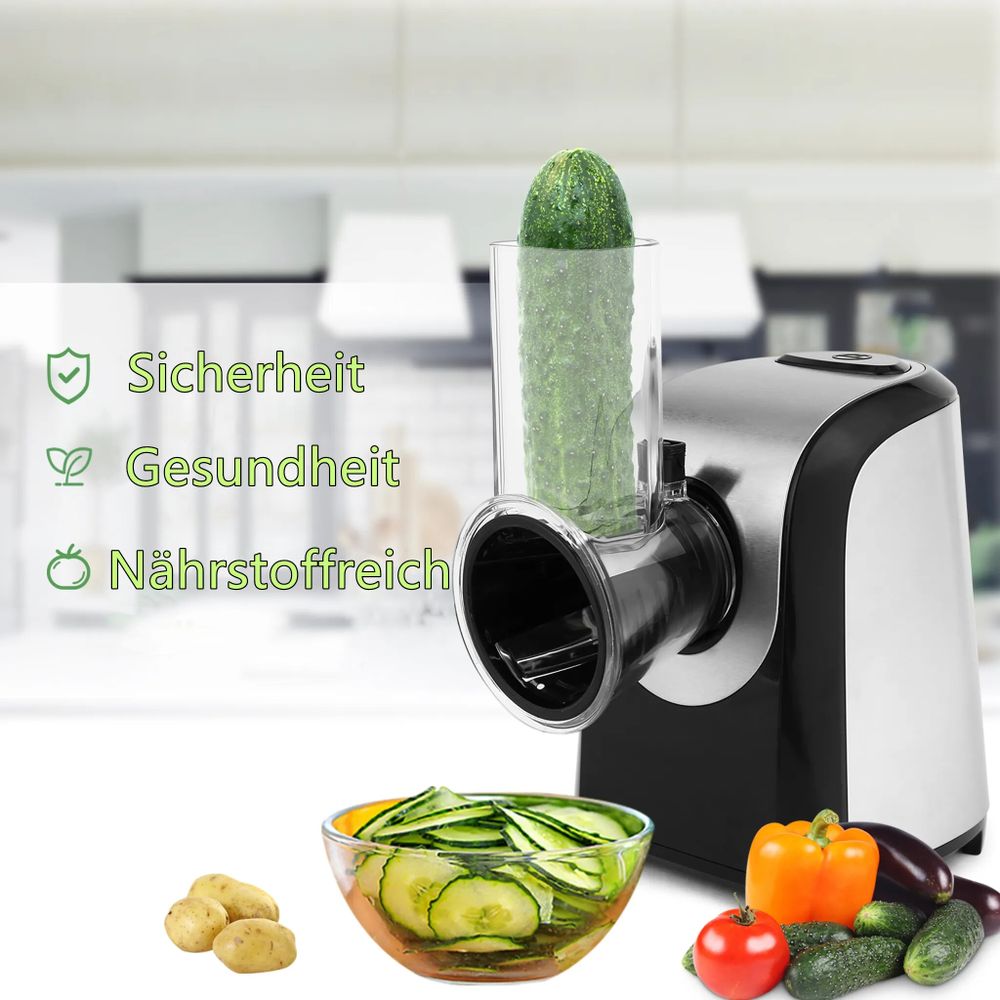 5 in 1 Elektrischer Gemüseschneider, Automatisch Gemüsehobel mit 5 Kegel-Klingen, 150W Edelstahl Spiralschneider Zerkleinerer Salatschneider Schleifer