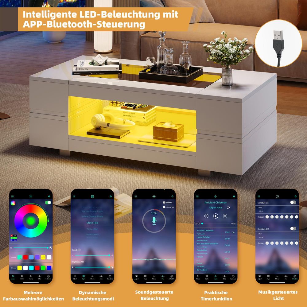 STILVORA Couchtisch LED-Beistelltisch mit Bluetooth-App-Steuerung,Sofatisch mit doppelschichtiger Hochglanz-Hohldesigntisch, Weiß
