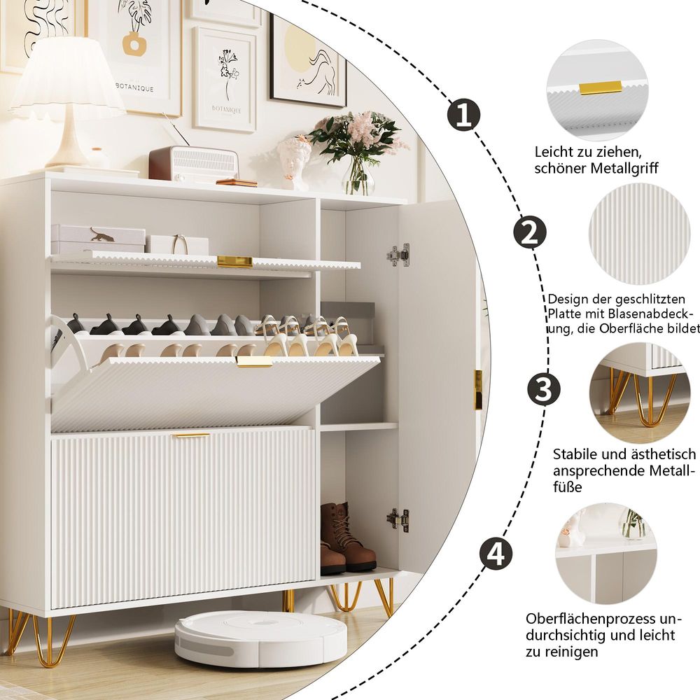 Fortuna Lai Modularer Schuhschrank aus MDF mit Goldenen Metallbeinen, verstellbaren Regalen und praktischer Aufbewahrung, Weiß