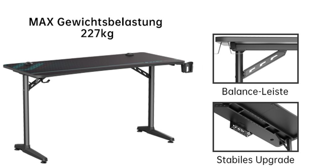 EUREKA ERGONOMIC Gamingtisch 152×70cm Gaming Schreibtisch Großer Computertisch Ergonomischer PC Tisch mit Kopfhörerhaken und Getränkehalter