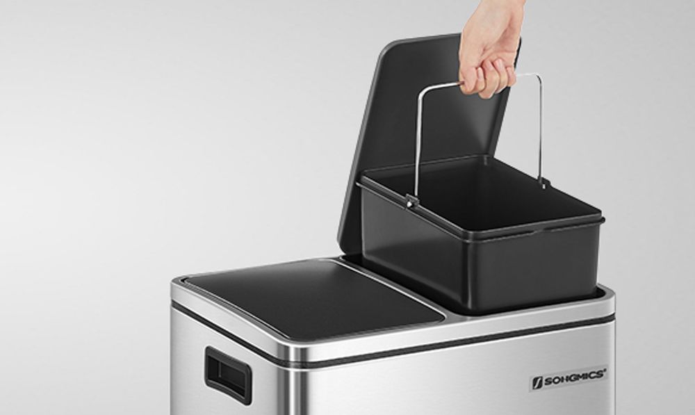 SONGMICS Mülleimer 30L Treteimer 2 x15L Edelstahl Abfalleimer mit Trennsysteme und 2 Inneneimer LTB30H