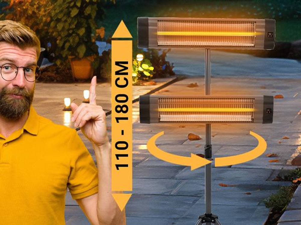 Heidenfeld Infrarot-Heizstrahler IH100 | Standheizung - Terrassen Heizung - Heizung Elektrisch - 3 Stufen - Stativ Höhenverstellbar - Fernbedienung