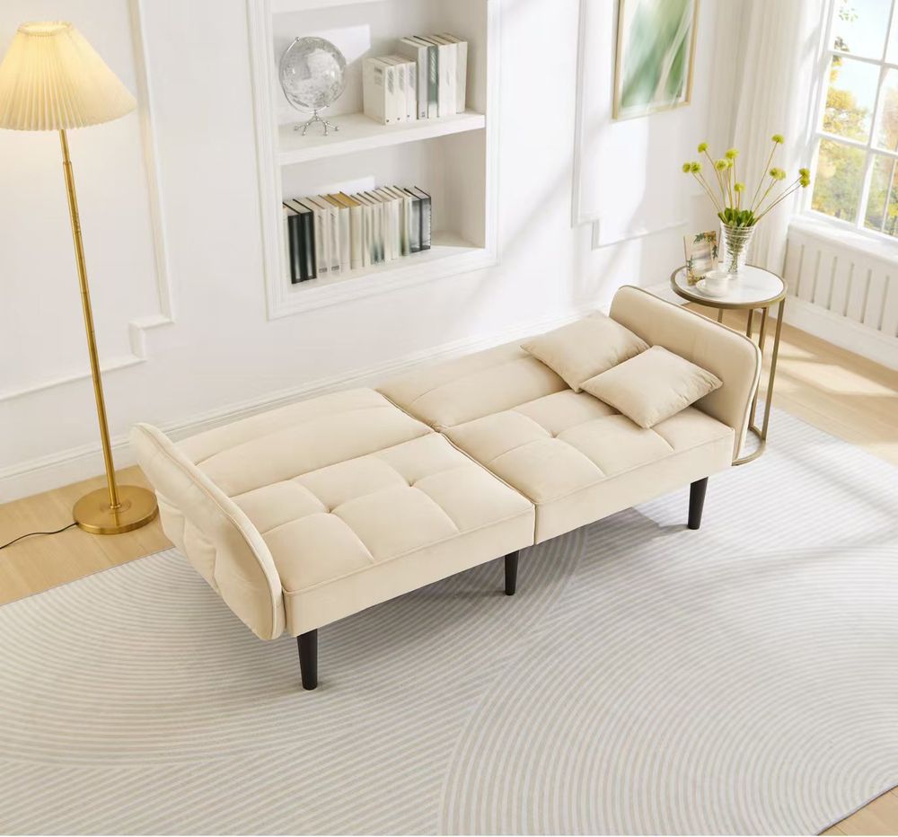 Merax 2-in-1 Schlafsofa Zweisitzer, Verstellbares Funktionssofa mit Samtbezug und Schlaffunktion, Klappbare Armlehnen, inkl. Kissen, Beige
