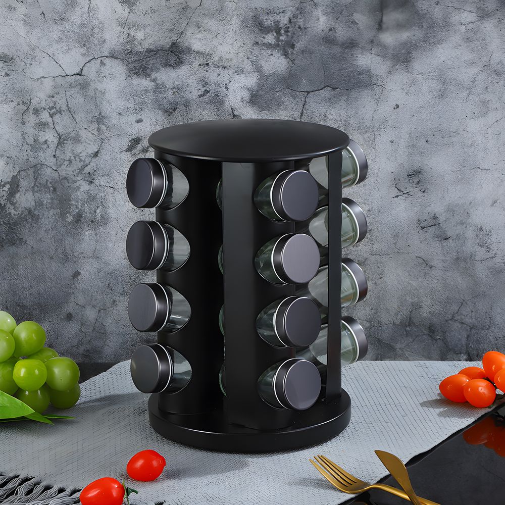 Gewürzkarussell 360° Drehbar mit 16 luftdichten Gewürzgläsern, Gewürzregal Organizer inkl. 96 Etiketten, Gewürzhalter Set für Küche aus Schwarz Retoo