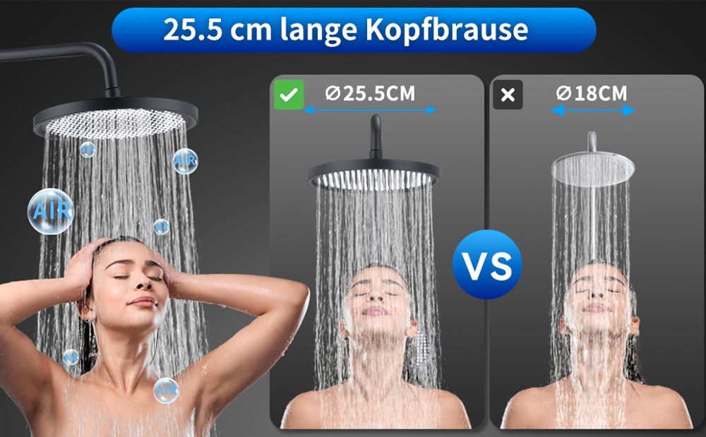 Homelody Schwarz Duschsystem mit Thermostat, Edelstahl Duscharmatur Set, Duschsäule Regendusche, inkl. verstellbar Duschstange Handbrause und 2 Filter