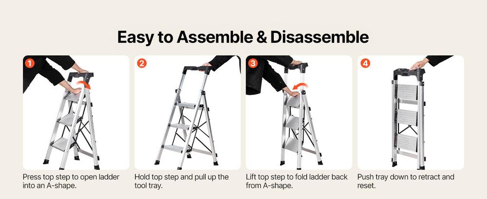 VEVOR 5-Stufen-Leiter, faltbare Trittleiter mit breitem rutschfestem Pedal und komfortablem Handgriff, tragbare Aluminium-Stehleiter mit 150 kg Tragfähigkeit, vielseitig einsetzbar für Küche, Lager, Haushalt und Büro, Silber, 3-Schritte