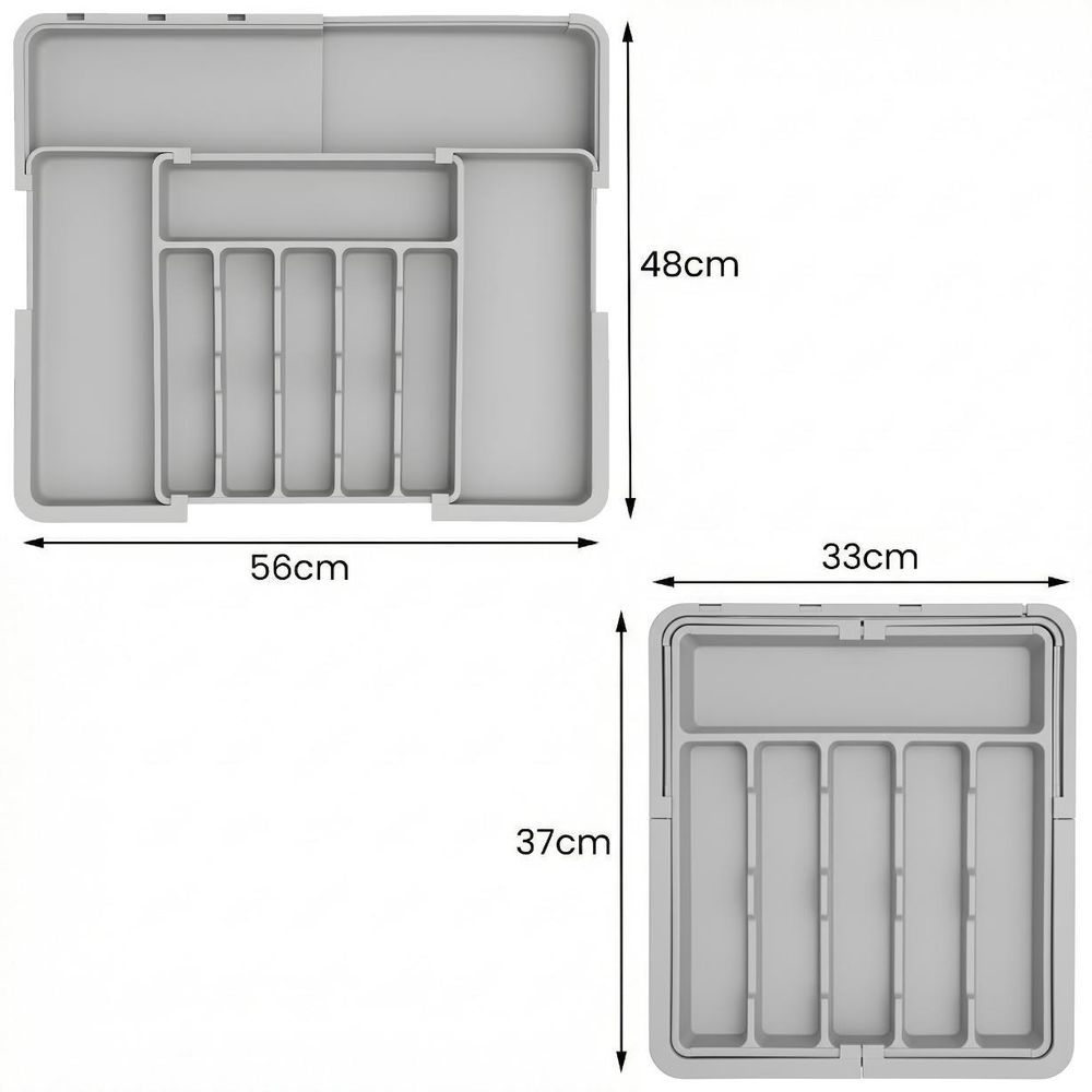 WELLHAUS – Ausziehbare, verstellbare Besteck- und Küchen­schubladen-Organizer – flexibles Raum­wunder für Ihre Küche (Grau, 33 x 37 cm -> 56 x 48 cm)