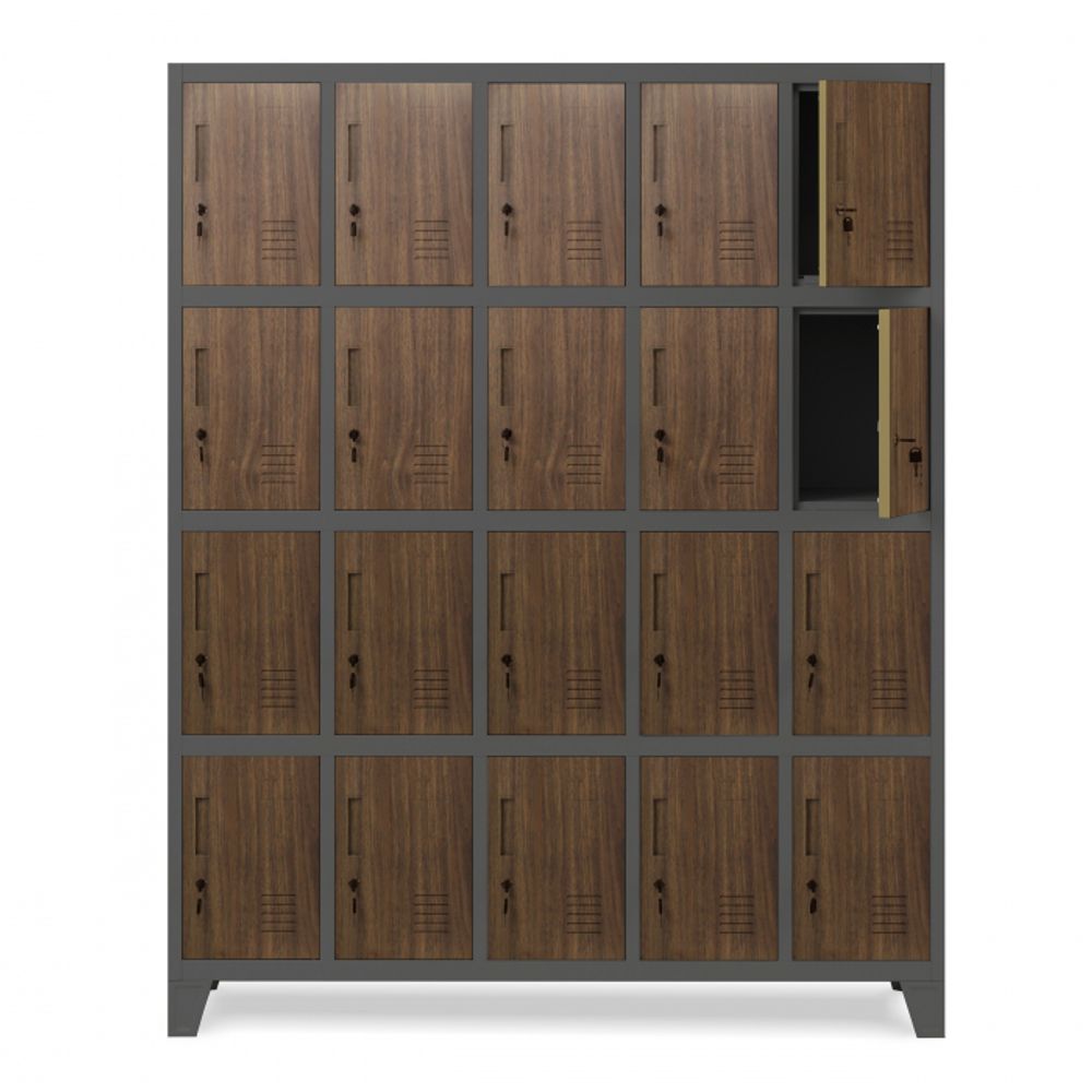 Umkleideschrank 5B4A Fächerschrank Schließfachschrank mit 20 Fächern Wertfachschrank Metall Pulverbeschichtung 172 cm x 136 cm x 45 cm (H x B x T) Farbe: Anthrazit-Holzoptik