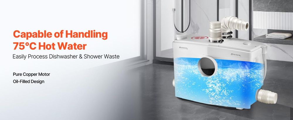 VEVOR Zerkleinerungspumpe, 700W, 9600 L/h Durchfluss, 10 m Förderhöhe, Zerkleinerung Abwasser Hebepumpe mit 3 Wasseranschlüssen für Toilette, Keller, Küche, Spüle, Dusche, Badewannen Abwasserentsorgung Hebemaschine, Bodenstehende Toilette-a, 1200 W