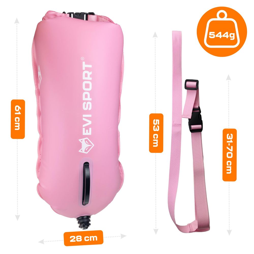 EVI SPORT AquaShield Schwimmboje 20L, Sicherheitsboje mit Trockentasche, Aufblasbar, Verstellbarer Gurt für SUP & Freiwasser, Rosa