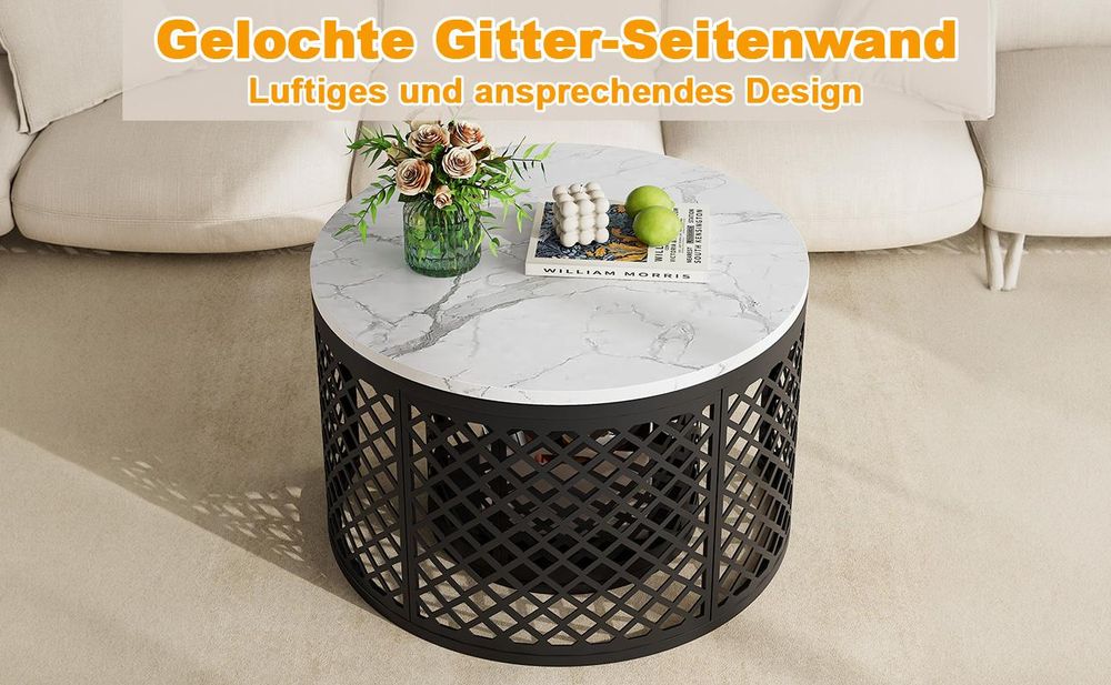 okwish 2-in-1-Couchtisch mit Stauraum, Sofatisch Tischplatte in Marmoroptik,Gitter-Hohlraum-Design, Schwarz