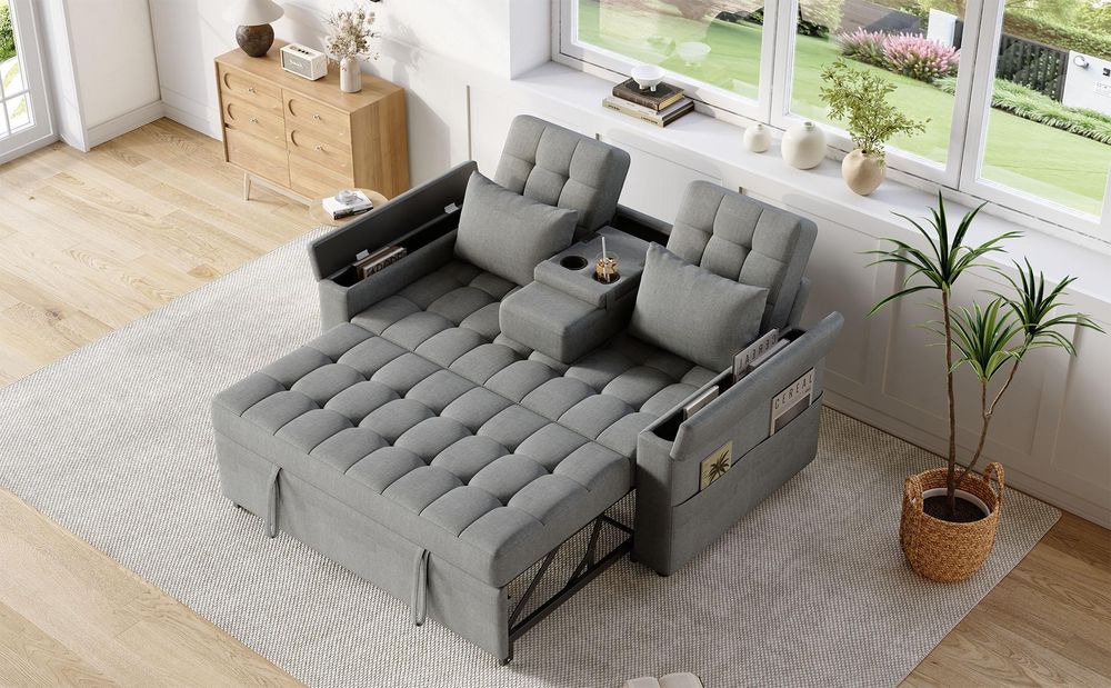 Merax 2-Sitzer Schlafsofa mit Schlaffunktion, Verstellbarer Rückenlehne, Getränkehalter, Staufächern, Kissen, Sofa, Bettsofa, Klappbett, Linen, Grau