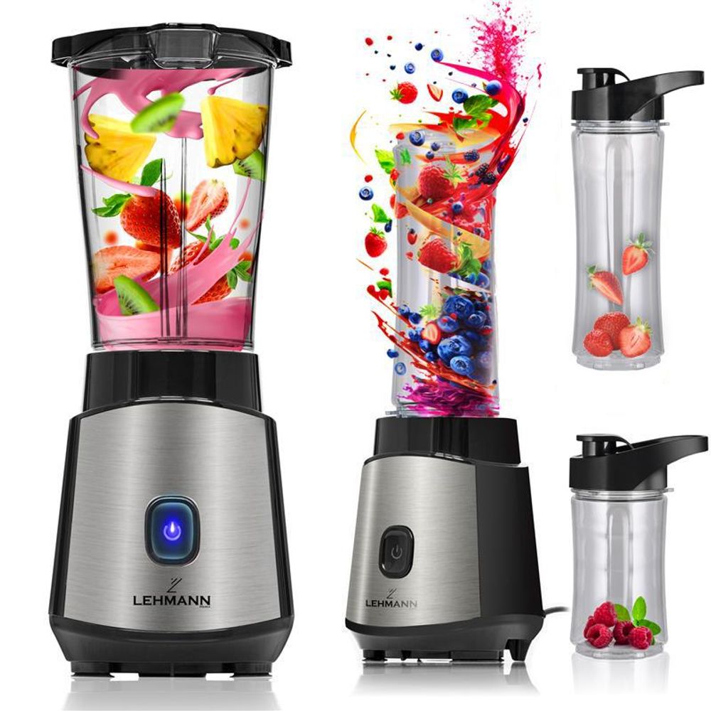 LEHMANN Frullatore Elettrico 1L, Smoothie Maker con 2 Bottiglie Portatili 570 ml e 400 ml, Senza BPA, 1200W