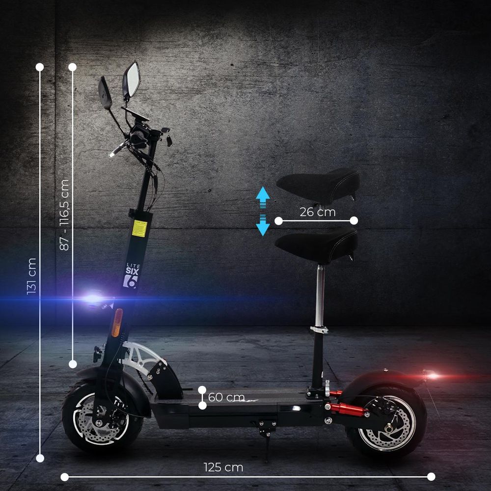 eFlux Lite Six E-Scooter | Mit Straßenzulassung - E-Roller - Elektro Roller mit Sitz - Stoßdämpfer - 3 Geschwindigkeitsstufen - Einstellbare Sitzhöhe