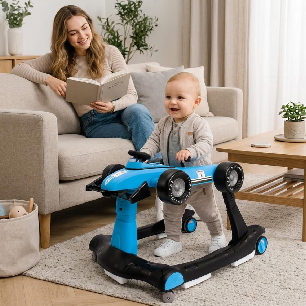 Bambino seduto comodamente nel girello Formula 1 1 1 1 1 con mamma