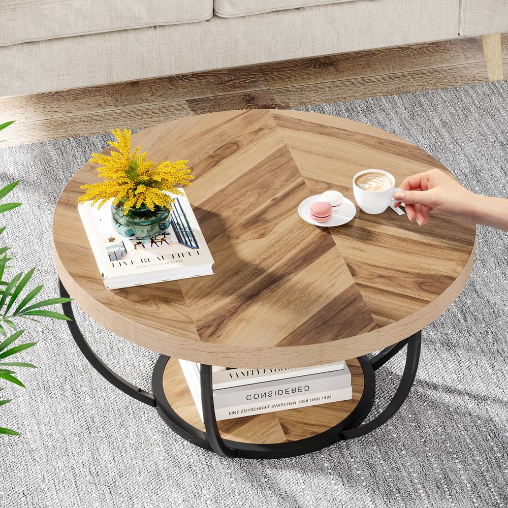 Tribesigns Runde Couchtisch, Industrial 2-Tier-Kreis Couchtisch mit Lagerung Regale, Moderne hölzerne Akzent Mitte Tisch Sofa Beistelltisch