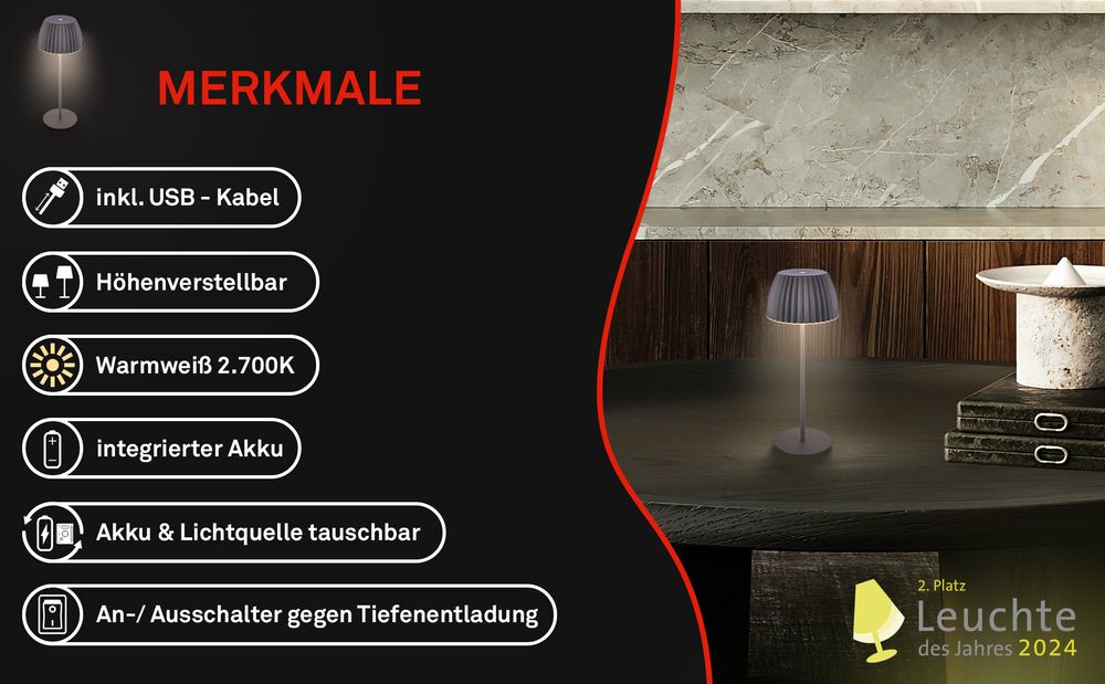 LED Tischlampe Akku LED Tischleuchte Dimmbar Kabellos Touch Aussen/Innen