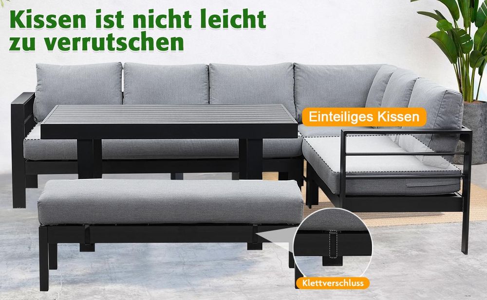 MEXO Gartenmöbel Set Aluminium 8 Personen, Modulares Gartenlounge-Set Gartensofas Ecklounge mit groß Tisch & Gartenbank, Wetterfest Outdoor-Loungesofa