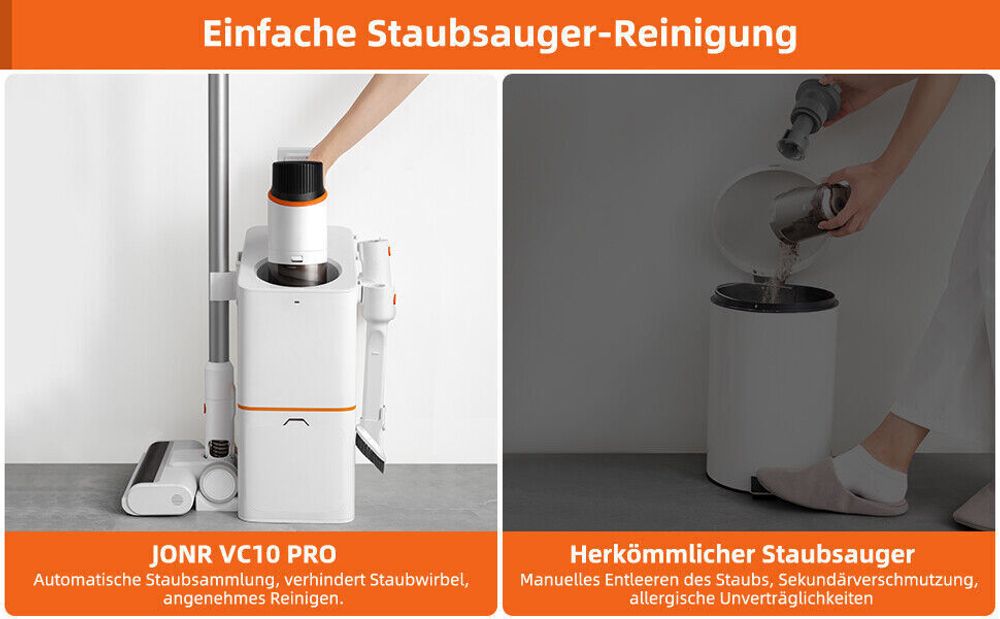 JONR VC10 Pro Akku Staubsauger, 3-in-1 Auto-Staubkollektionsstation, 27kPa Handstaubsauger, 5-stufigem HEPA-Filter, bis zu 60 Min für alle Oberflächen