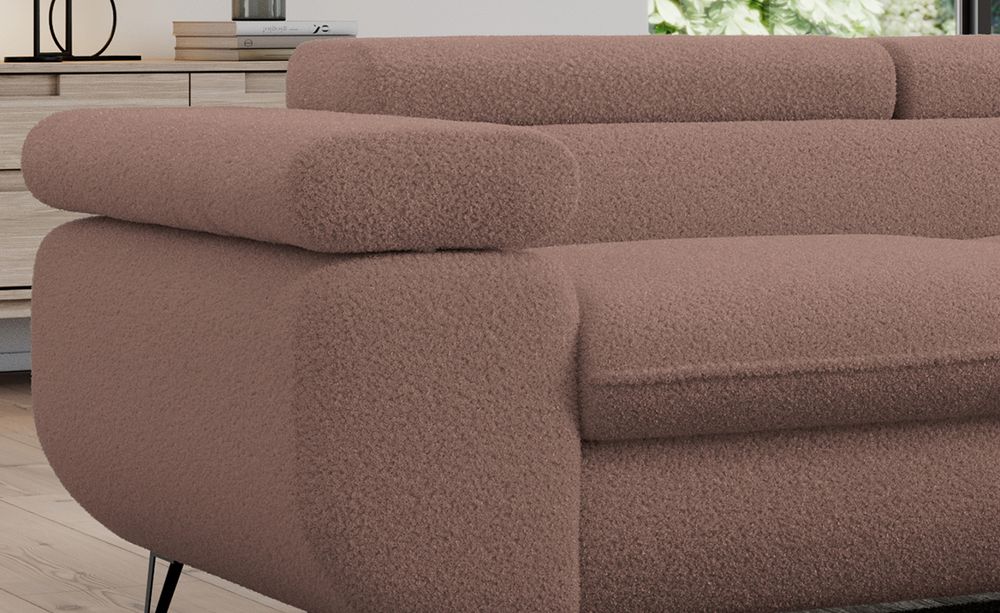 Zoomen Sie auf die Sitzfläche des Ecksofas. Sofa aus Rosa Boucle-Stoff