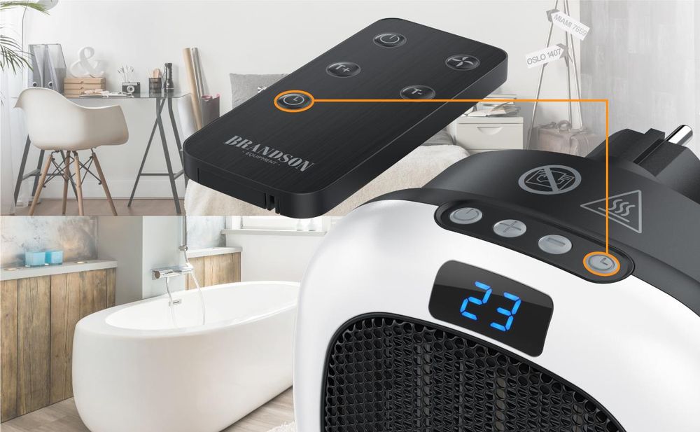 Brandson Steckdosen Heizlüfter 700W mit Fernbedienung, Thermostat, Timer 1-12 Stunden, Automatische Abschaltung, Überhitzungsschutz, Weiß