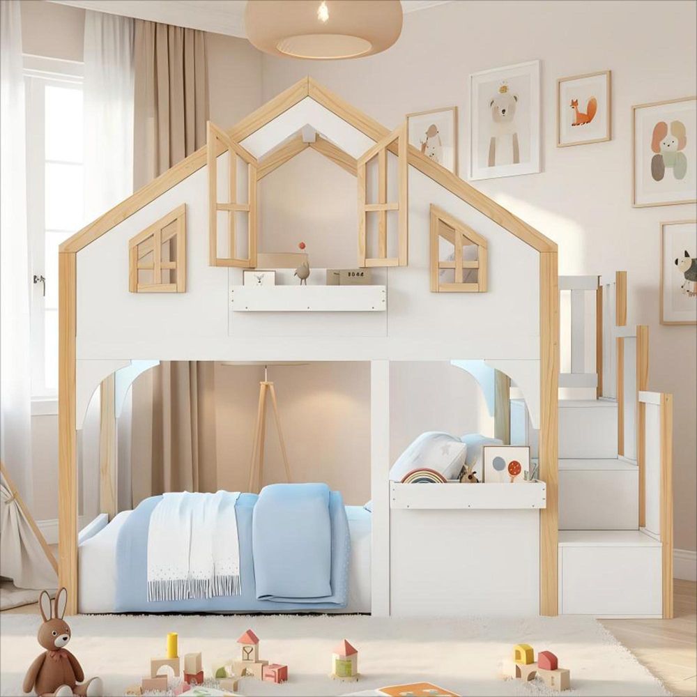 Merax Etagenbett 90x200cm mit LED und Stauraumtreppe, , Hochbett in Fenster-Form mit Lattenrost aus Holz, Hausbett mit Öffnende Fenster, Weiß + Natur