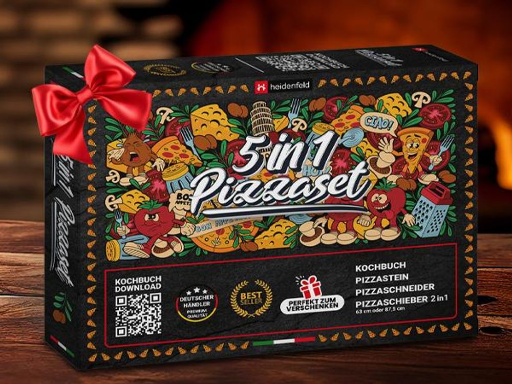 Heidenfeld 5in1 Pizza-Set | Pizzastein für Backofen, Gasgrill, Holzkohlegrill - 2in1 Pizzaschieber - Pizzaschneider - Holzgriffe - Pizza-Zubehör