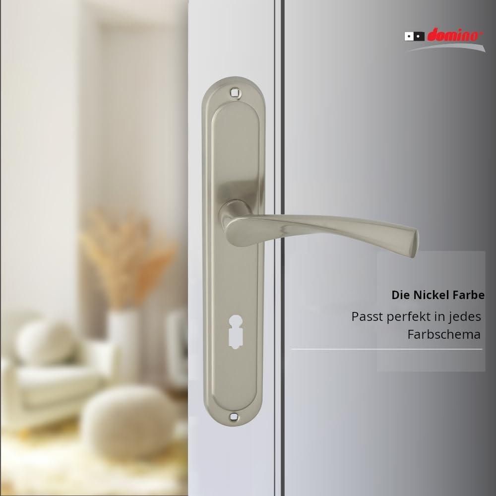 DOMINO Türgriff 72 Drückergarnitur BB-Buntbart Set | Langschildgarnitur | Türklinke für Zimmertür, Bürotür, Kellertür & Innentür | L-Form | Türbeschläge aus Aluminiuml |Nickel Türdrückergarnitur |ROMANA M9