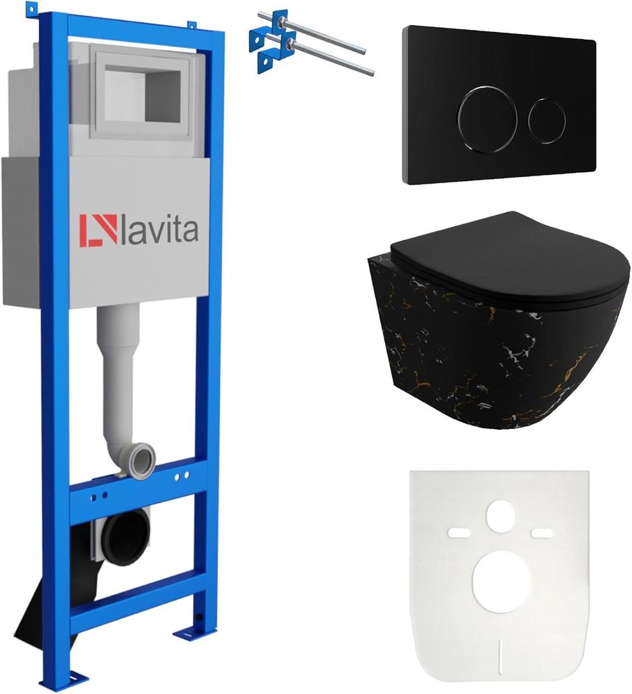 Lavita LAV 101 Vorwandelement für WC 40cm + Wand Hänge Tiefspül WC SOFI SLIM FIRE Schwarz Spülrandlos + Bedienplatte LAV 200.4.4 Schwarz | Komplettset | Unterputz Spülkasten | Toilette Komplett Sett
