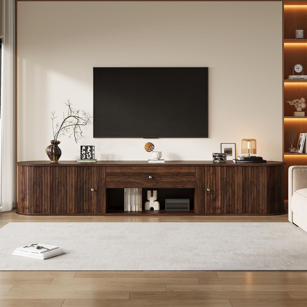 Merax TV Lowboard Fernsehtisch mit 2 Rolltüren und 1 Schublade, 180cm TV-Schrank mit Runddesign, TV Board für 75 Zoll Fernseher, Walnuss Optik