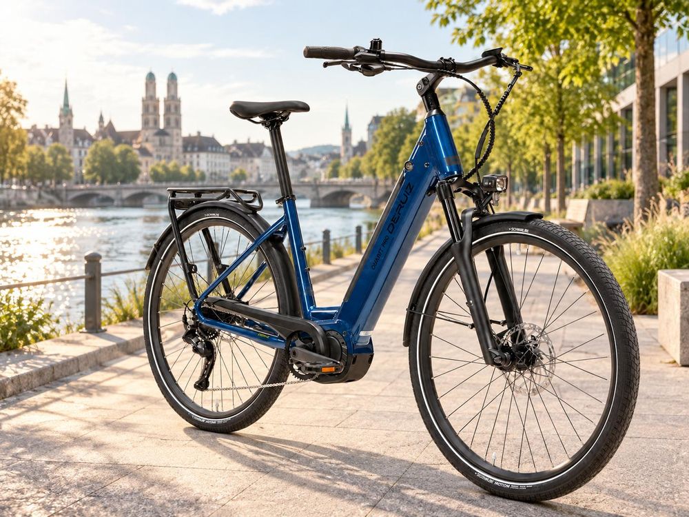 Blaues DERUIZ Quartz Pro E-Bike auf einem sonnigen Uferweg vor europäischer Stadtkulisse.