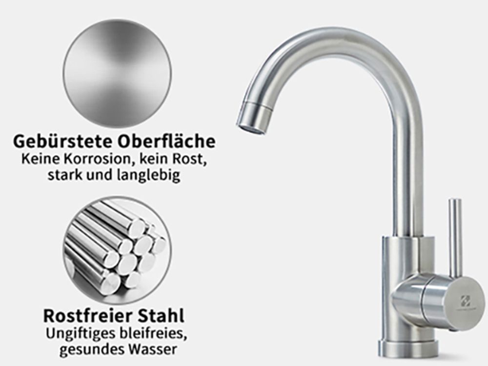 Niederdruck Wasserhahn Bad/Küche Niederdruck Badarmatur 360° Drehbar Badarmatur Küchenwasserhahn aus Edelstahl Spültischarmatur für Kaltwasser und Spüle Boiler