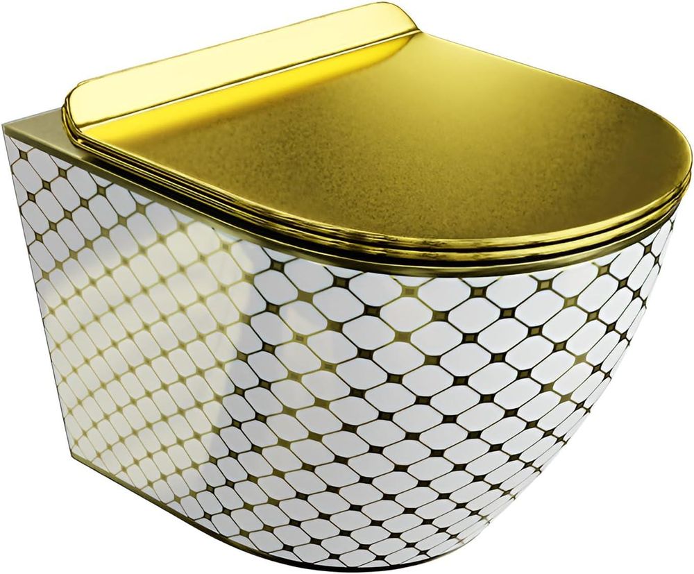 LAVITA Wand-WC Sofi Slim Checked Gold | HŠnge Toilette | Toilettendeckel mit Absenkautomatik & Metallscharniere | Toiletten SpŸlrandlos HŠngend | Toilettenbecken | 365x490x395 cm | Gold/Wei§