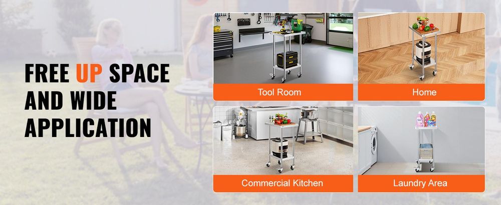 VEVOR Edelstahl Vorbereitungs Tisch, 24 x 24 x 34 Zoll, Schwerlast Metall Arbeitstisch mit 3 verstellbaren Höhenstufen, Gewerbliche Arbeitsstation für Küche Garage Restaurant Garten, 610x457 mm