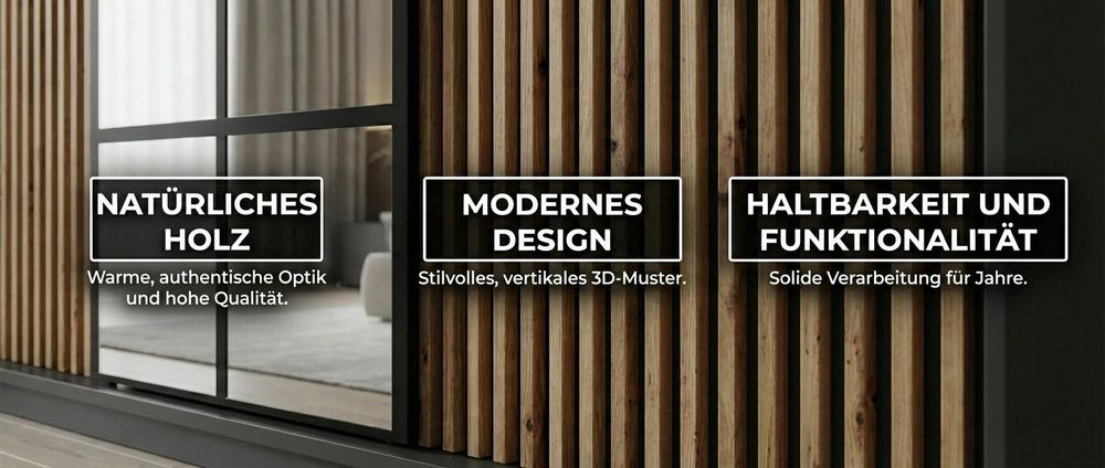 Schwebetürenschrank, 3-türig Schrank mit 4 Schubladen, und 3D-Lamellen. Kleiderschrank NORIVO 200 cm
