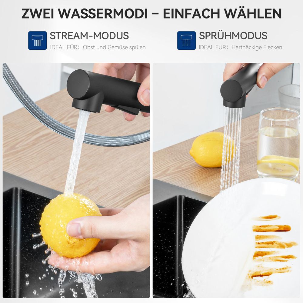 Cecipa Küchenarmatur Schwarz Ausziehbar, Wasserhahn Küche mit Brause, 360° Drehbar Spültischarmatur, L-Form, 304 Edelstahl, Einhandmischer, Schwarz
