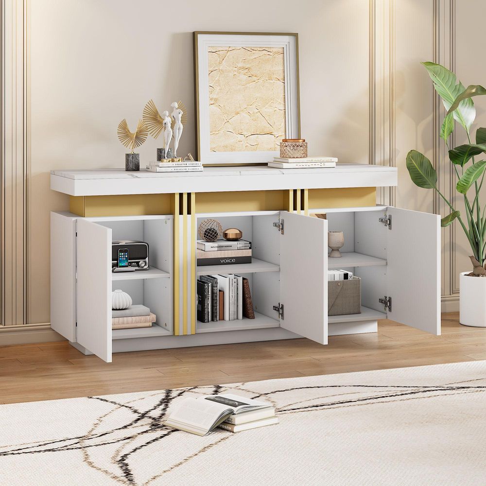 Merax Sideboard Weiß mit Marmoroptik, 140x38x70cm, 3 Türen, Esszimmerschrank mit verstellbaren Fächern, Wohnzimmer Schrank, Platin-Akzente